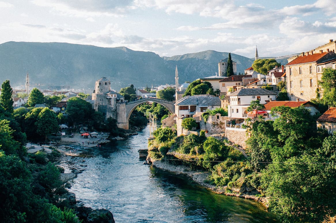 The historic Old Bridge over the Neretva River in Mostar, Bosnia and Herzegovina.